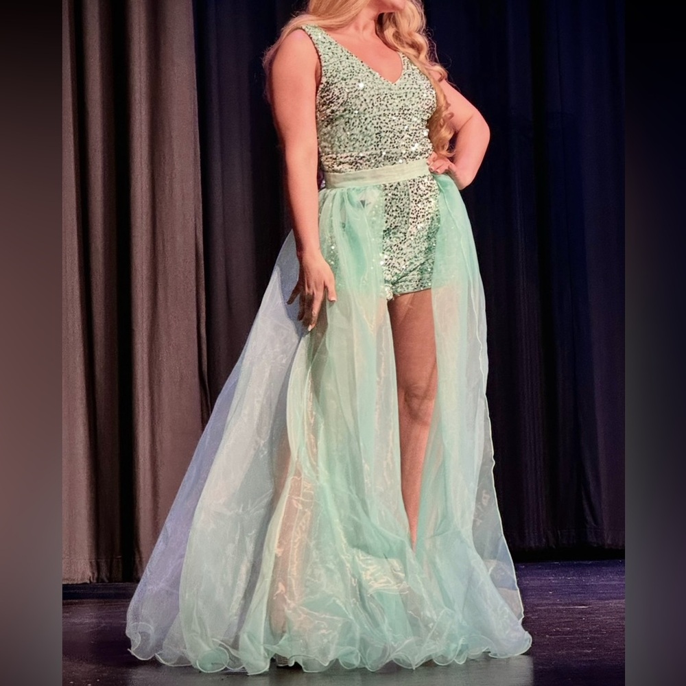 Mint Sequin Romper with Sheer Overlay Skirt - Women